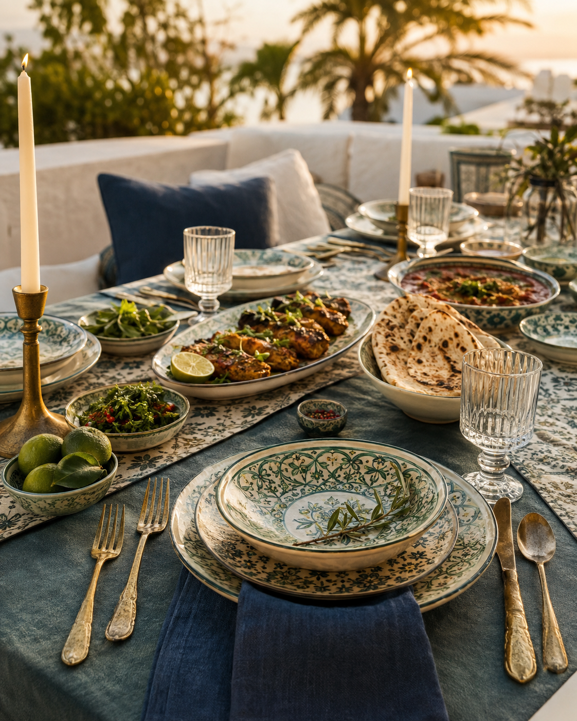 Fine patterned ceramic tableware prepared for a Spice event