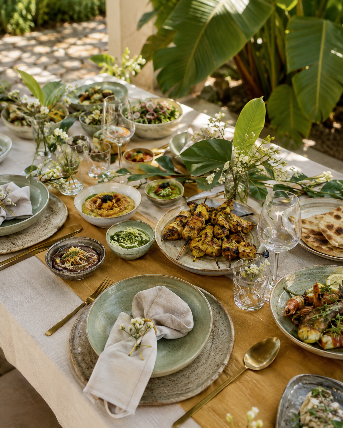 A fresh tropical Algarve table with artisanal crockery and Indian food