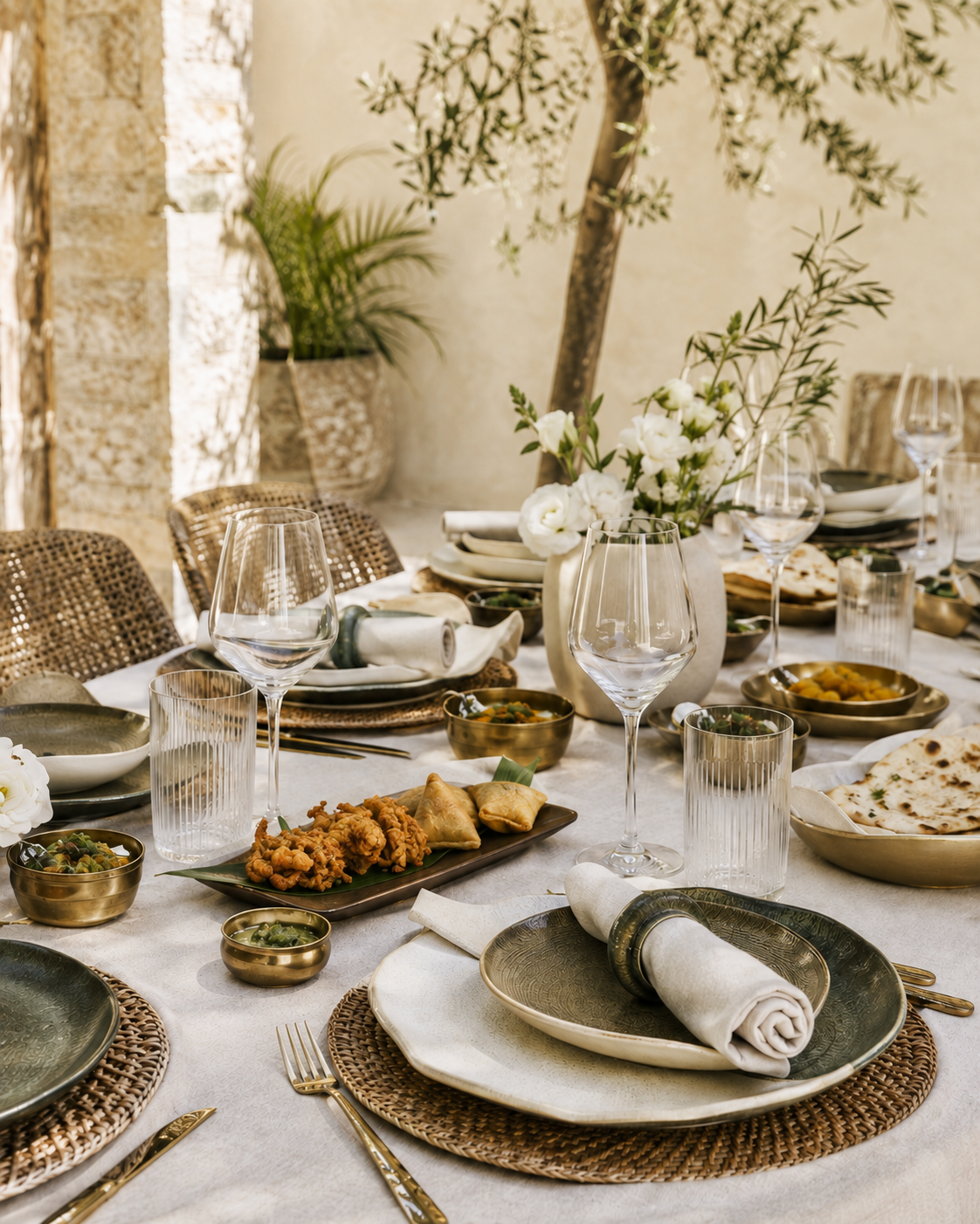 An elegant white and olive Indian table with artisanal crockery, bhajis and samosas in an Algarve courtyard